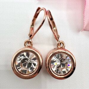 Tahari Rose Gold Tone CZ Crystal Earrings Leverback Dangle Modern Signed Luxe